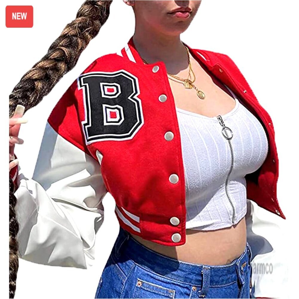 Crop Varsity Jacket Vintage Y2K Streetwear Bomber Letterman Baseball Jacket